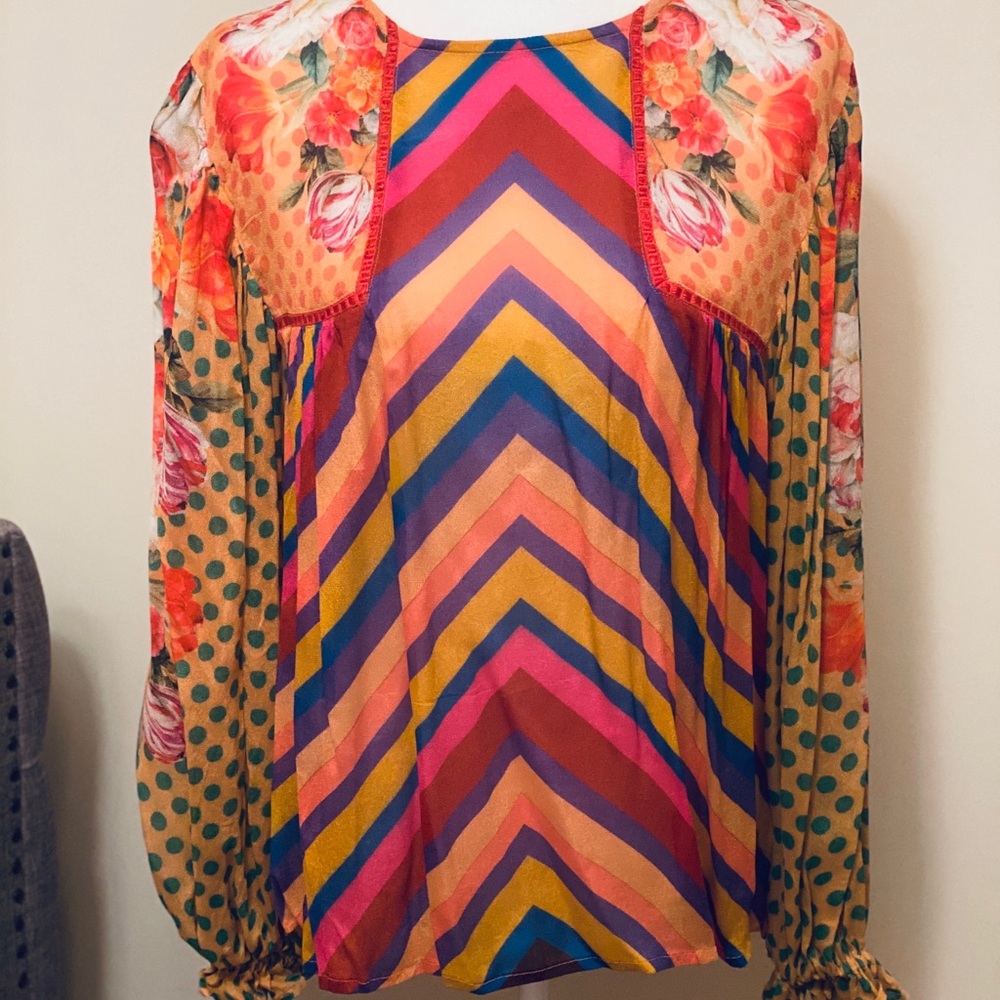Anthropologie Multicolor Chevron & Floral Long-Sleeve Blouse